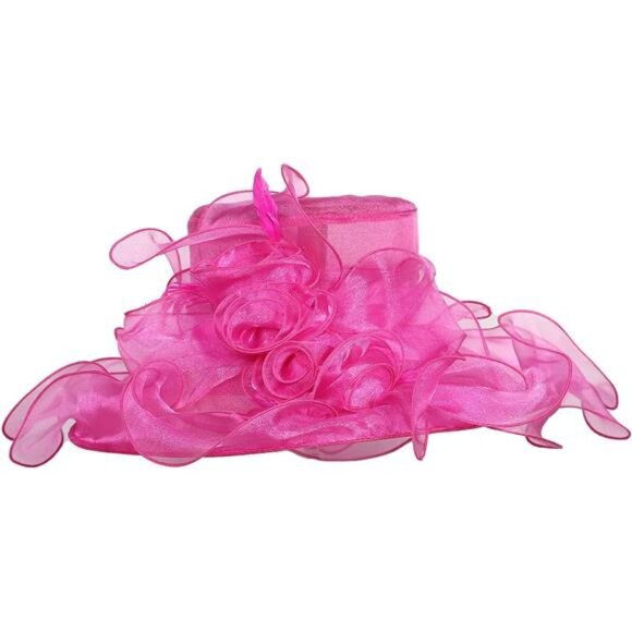 Women Sun Hat Church Wide Brim Hot Pink - Picture 3 of 7